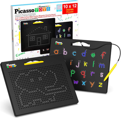 PicassoTiles 2-in-1 magnetic drawing board front view showing the lowercase alphabet tracing side with black stylus pen