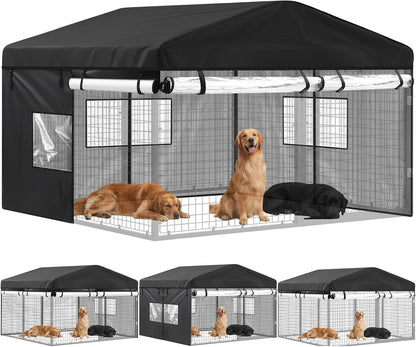 Chunm outdoor dog kennel cover front view on an outdoor cage frame