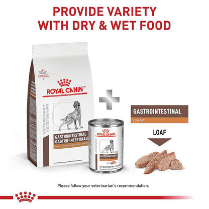 Premium veterinary exclusive Royal Canin gastrointestinal low fat kibble package view.