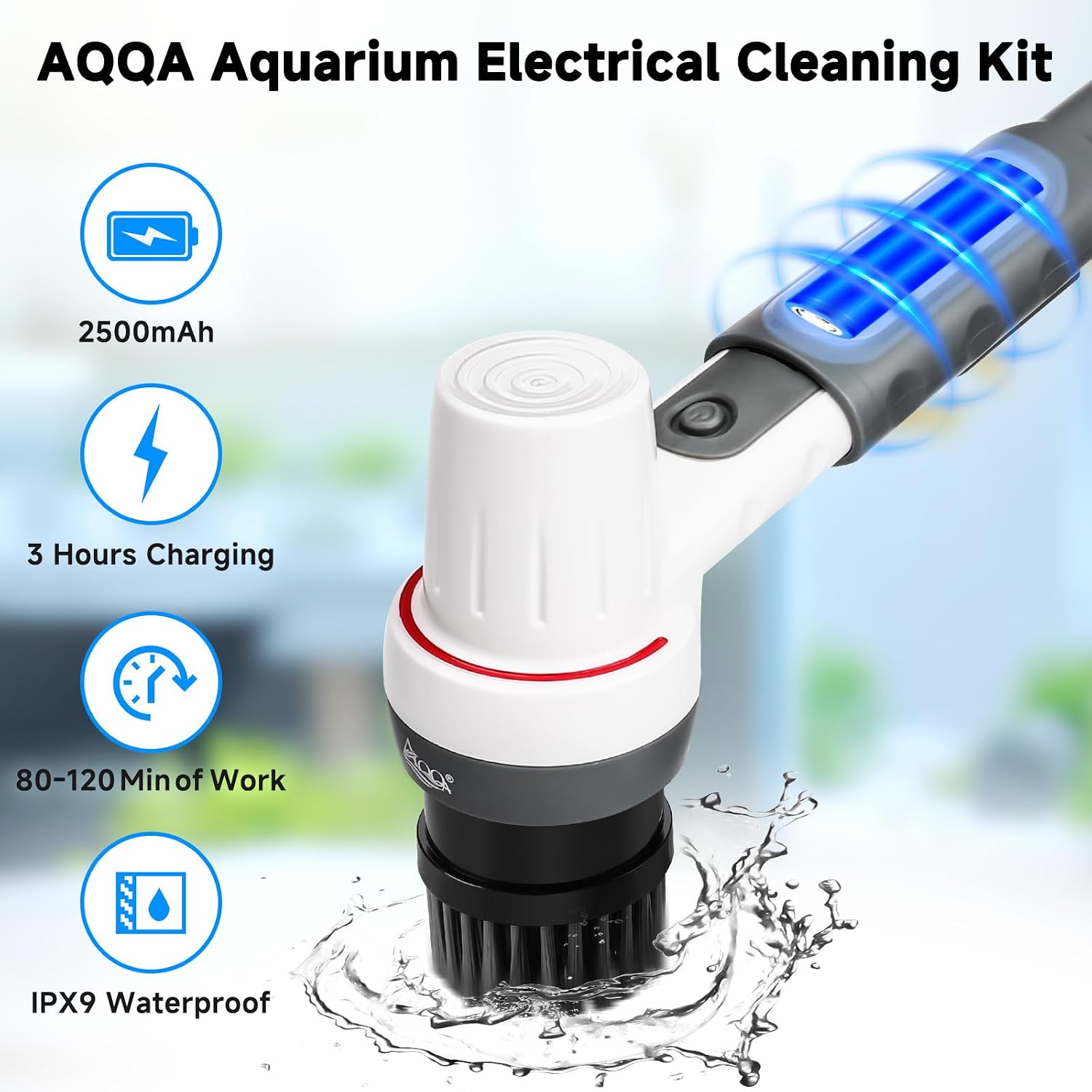 AQQA cordless fish tank cleaner handle showing full extension of the adjustable telescopic rod.