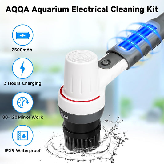 AQQA cordless fish tank cleaner handle showing full extension of the adjustable telescopic rod.