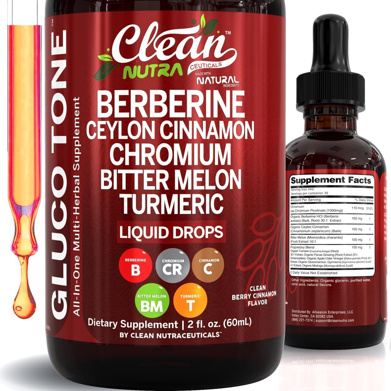 Clean Nutraceuticals Berberine with Ceylon Cinnamon Gluco Tone liquid drops front view bottle