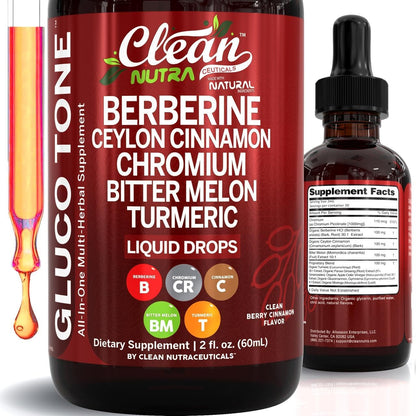 Clean Nutraceuticals Berberine with Ceylon Cinnamon Gluco Tone liquid drops front view bottle