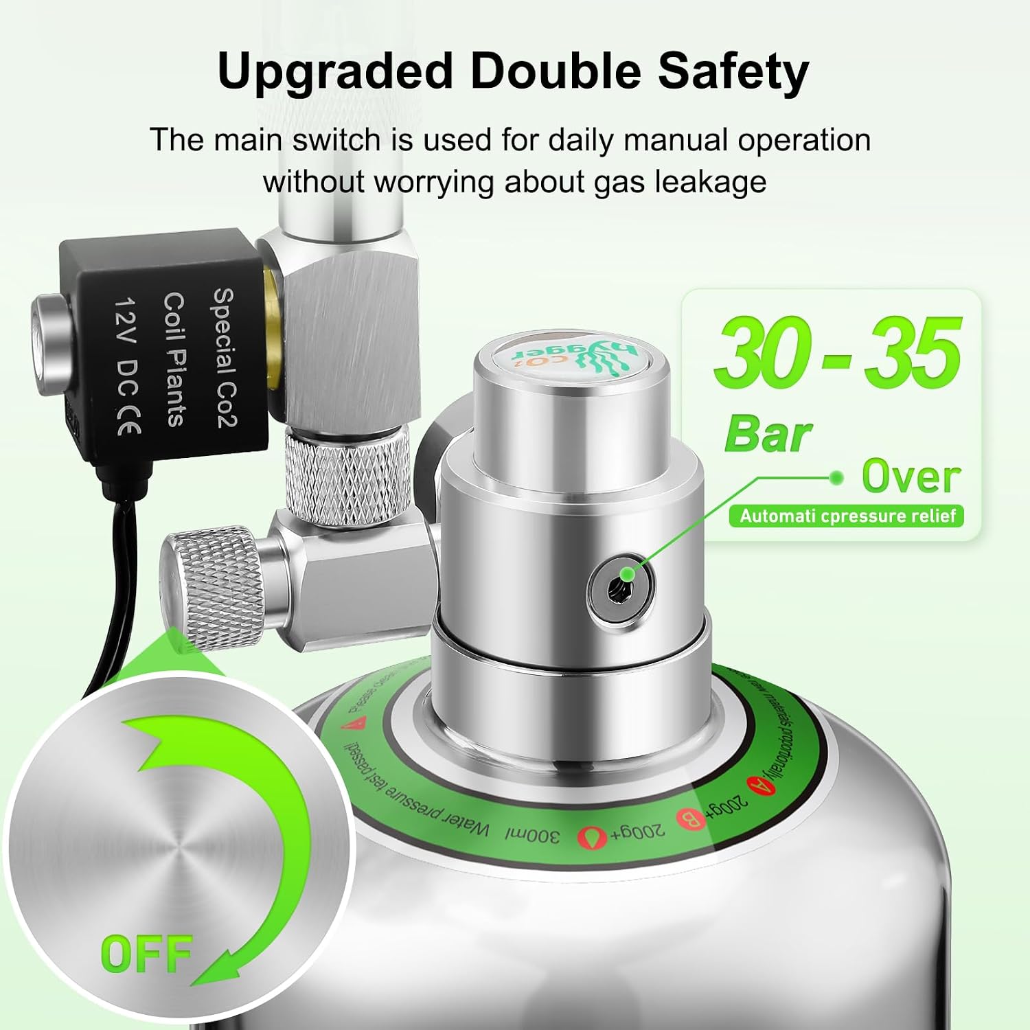Hygger aquarium safety relief valve and waterproof electronic solenoid valve layout on the main control head.