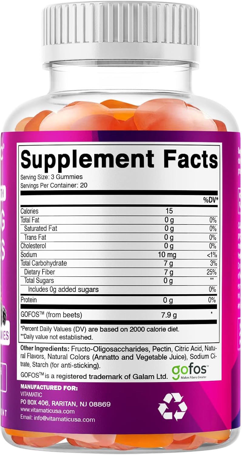 Vitamatic sugar free fiber gummies in berry peach and strawberry flavor