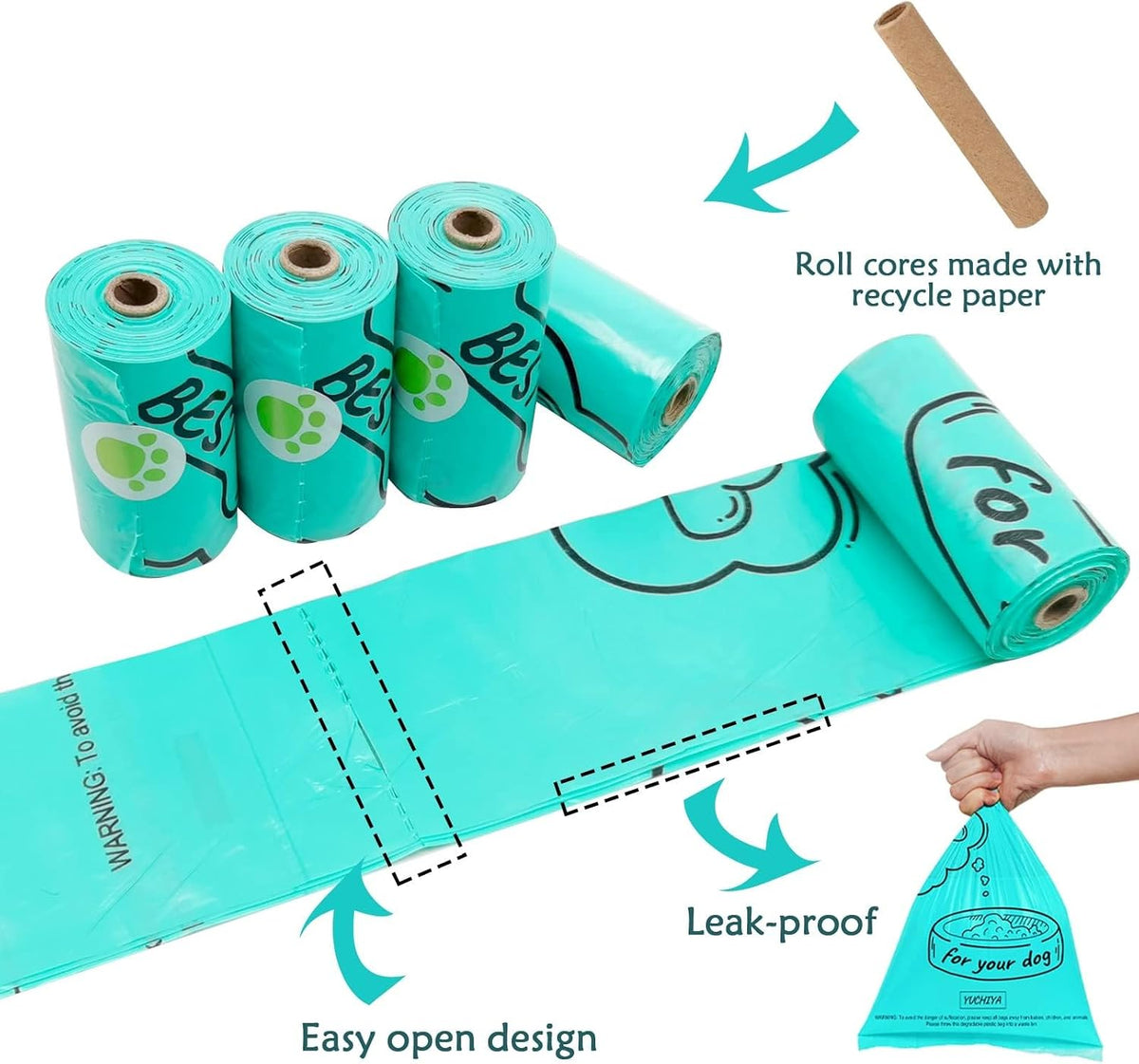 Yuchiya dog waste dispenser packaging with included three LR44 button cell batteries.