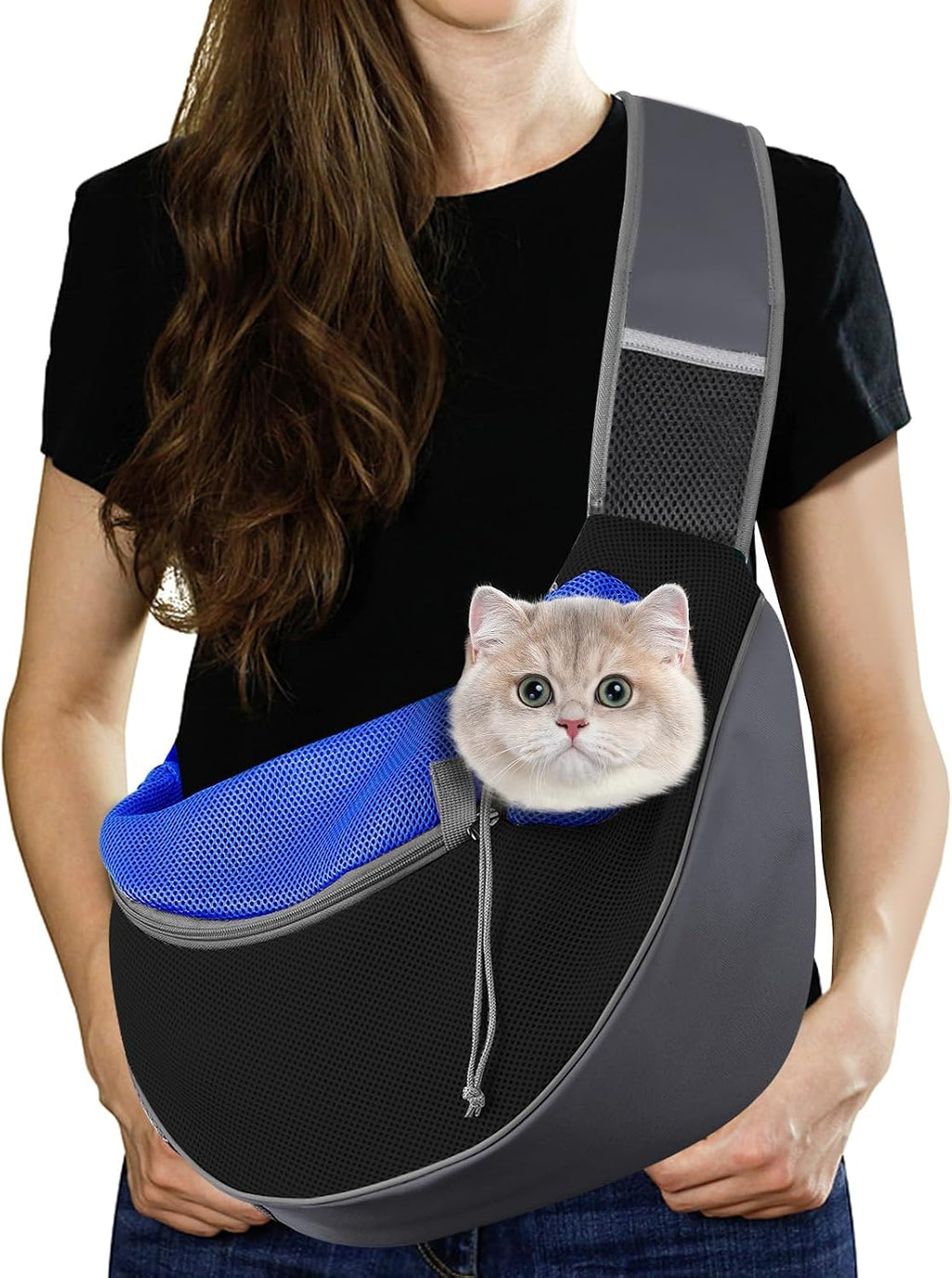 Pawaboo Pet Dog Sling Carrier, Hand Free Drawstring Dog Papoose with Adjustable Strap, Breathable Mesh Bag for Puppy Cat, Crossbody Satchel Dog Purse with Pocket for Outdoor, Dark Gray+Black, Medium - Image 11