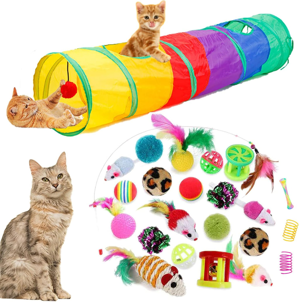 32Pcs Cat Toys Kitten Interactive Pet Toys Assortments, Foldable Rainbow Tunnel, Teaser Wand Fluffy Mouse Crinkle Balls Bell Play for Puppy Kitty (3 way) - Image 10