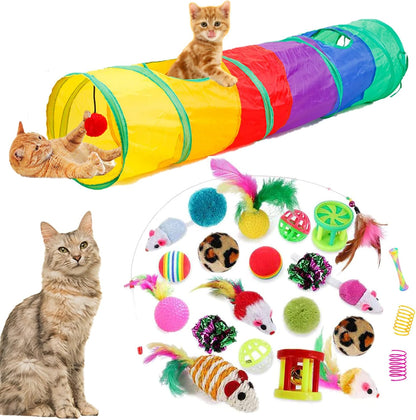 32Pcs Cat Toys Kitten Interactive Pet Toys Assortments, Foldable Rainbow Tunnel, Teaser Wand Fluffy Mouse Crinkle Balls Bell Play for Puppy Kitty (3 way) - Image 10
