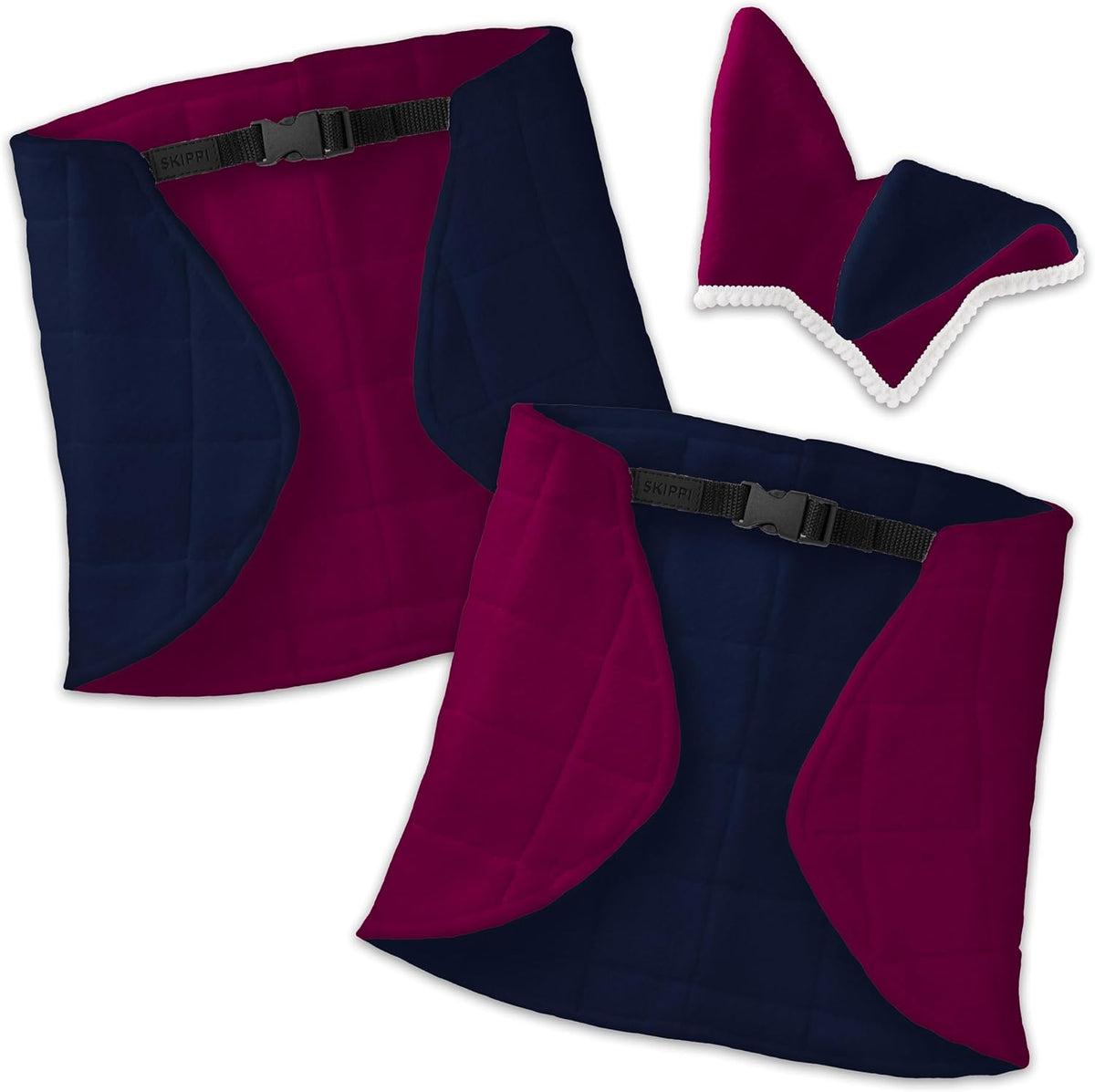 SKIPPI reversible horse accessory blanket displaying the alternate navy blue side.