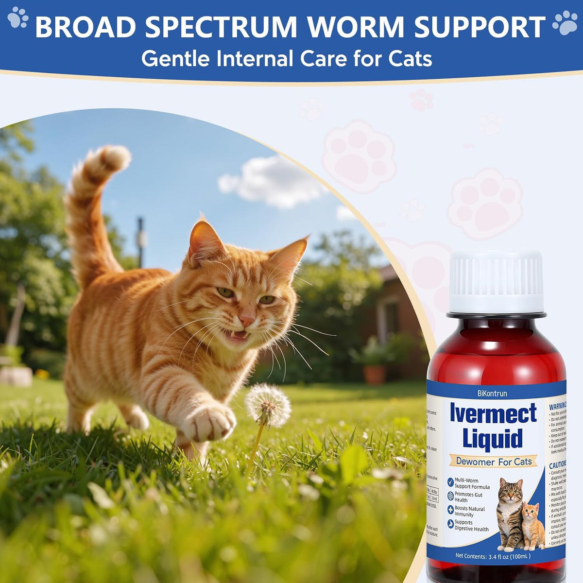 Side angle of the 100 milliliters packaging for BiKontrun DewoMax immune support supplement for kittens