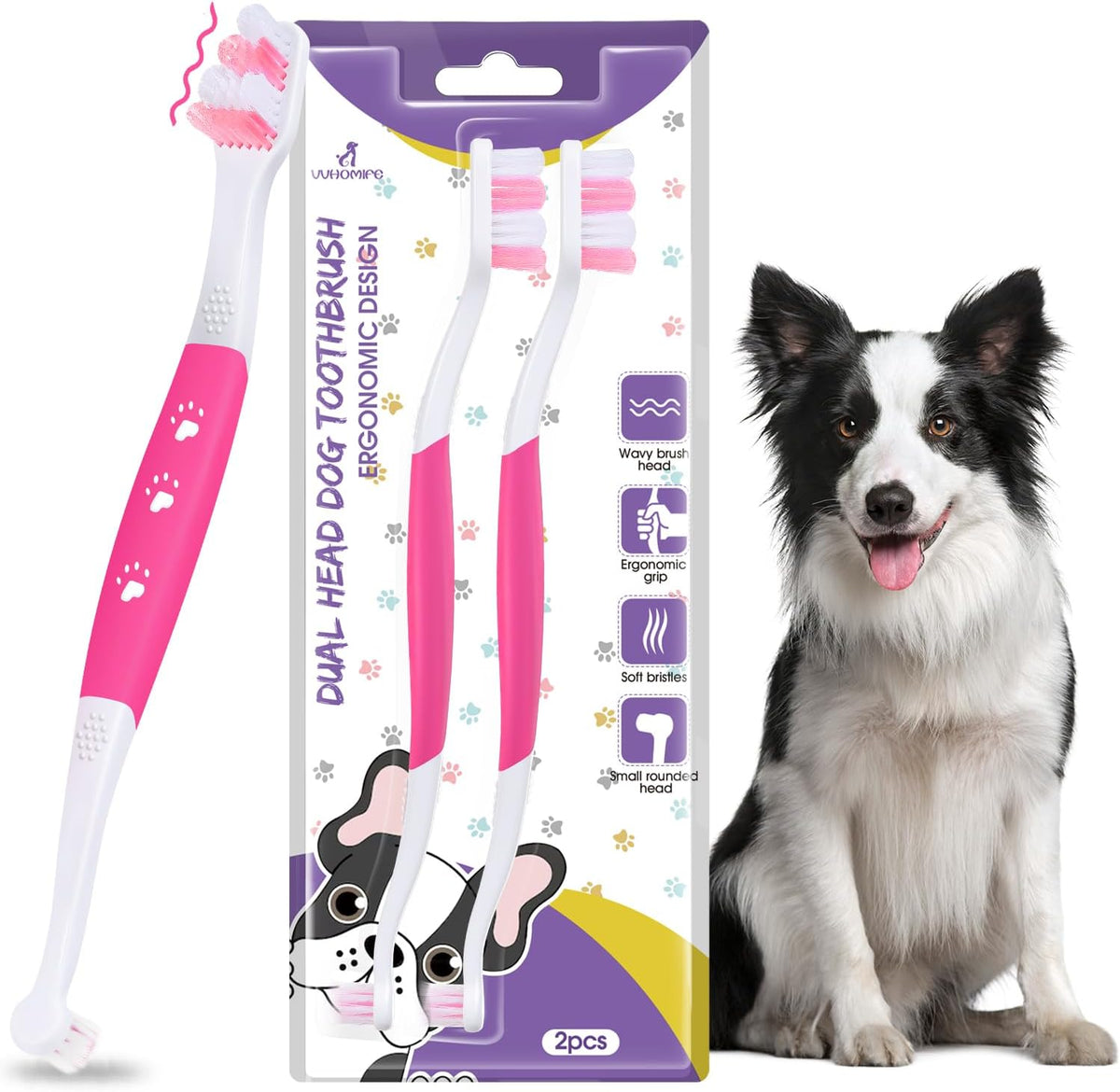 Dog Toothbrush, Dual-Head, for Medium Large Dogs, Purple | Soft Bristles for Gentle Cleaning ,60 degrees Curved Bristles for Better Coverage ,Comfortable for Sensitive Gums - Image 15