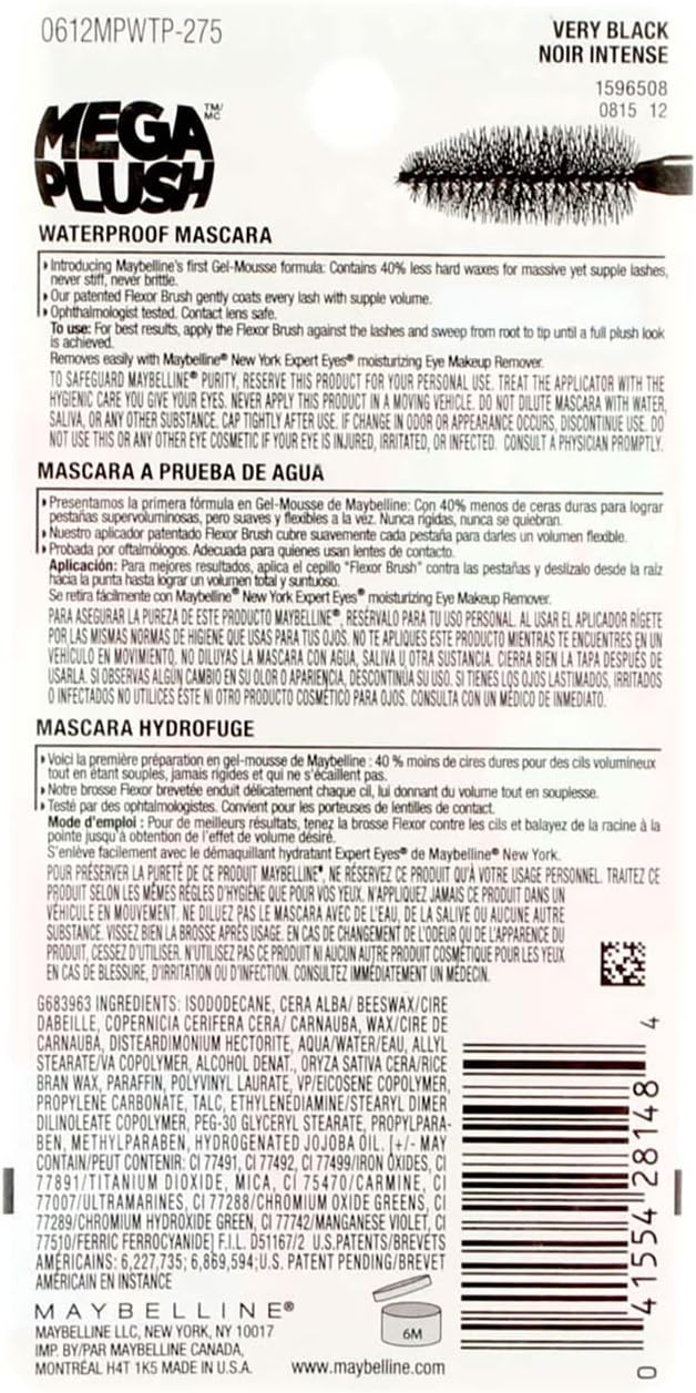 Maybelline New York Volum Express The Mega Plush mascara tube displayed horizontally alongside its product dimensions