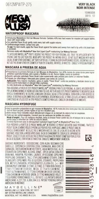 Maybelline New York Volum Express The Mega Plush mascara tube displayed horizontally alongside its product dimensions