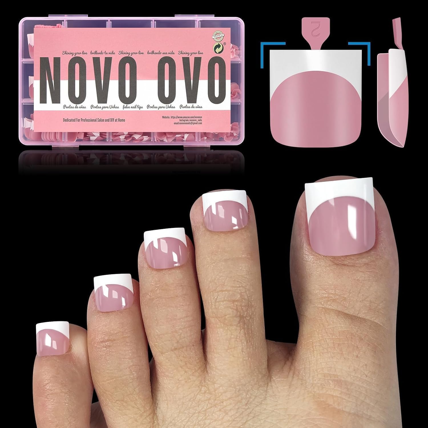 NOVO OVO French tip toe nail tips berry pink 240pcs set for professional pedicure extensions