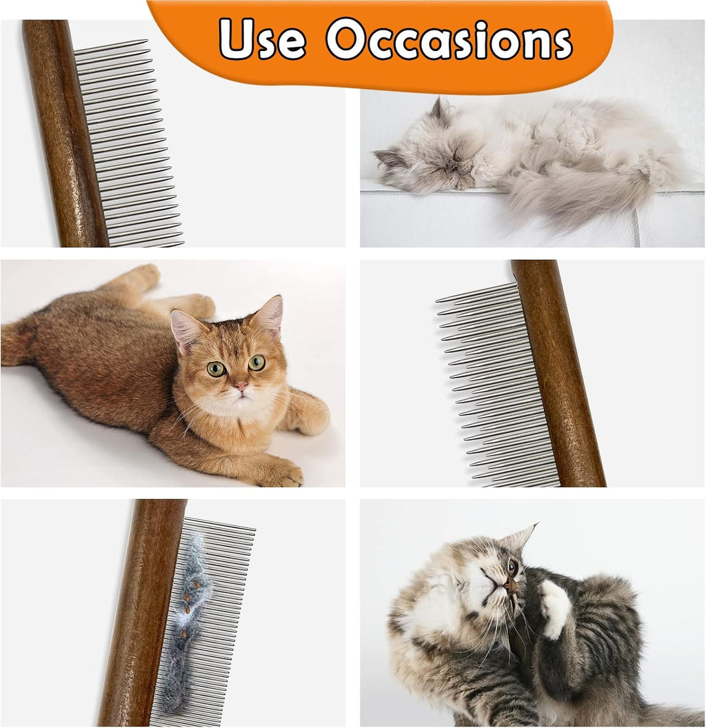 Ergonomic wooden cat comb set being used to detangle loose fur.