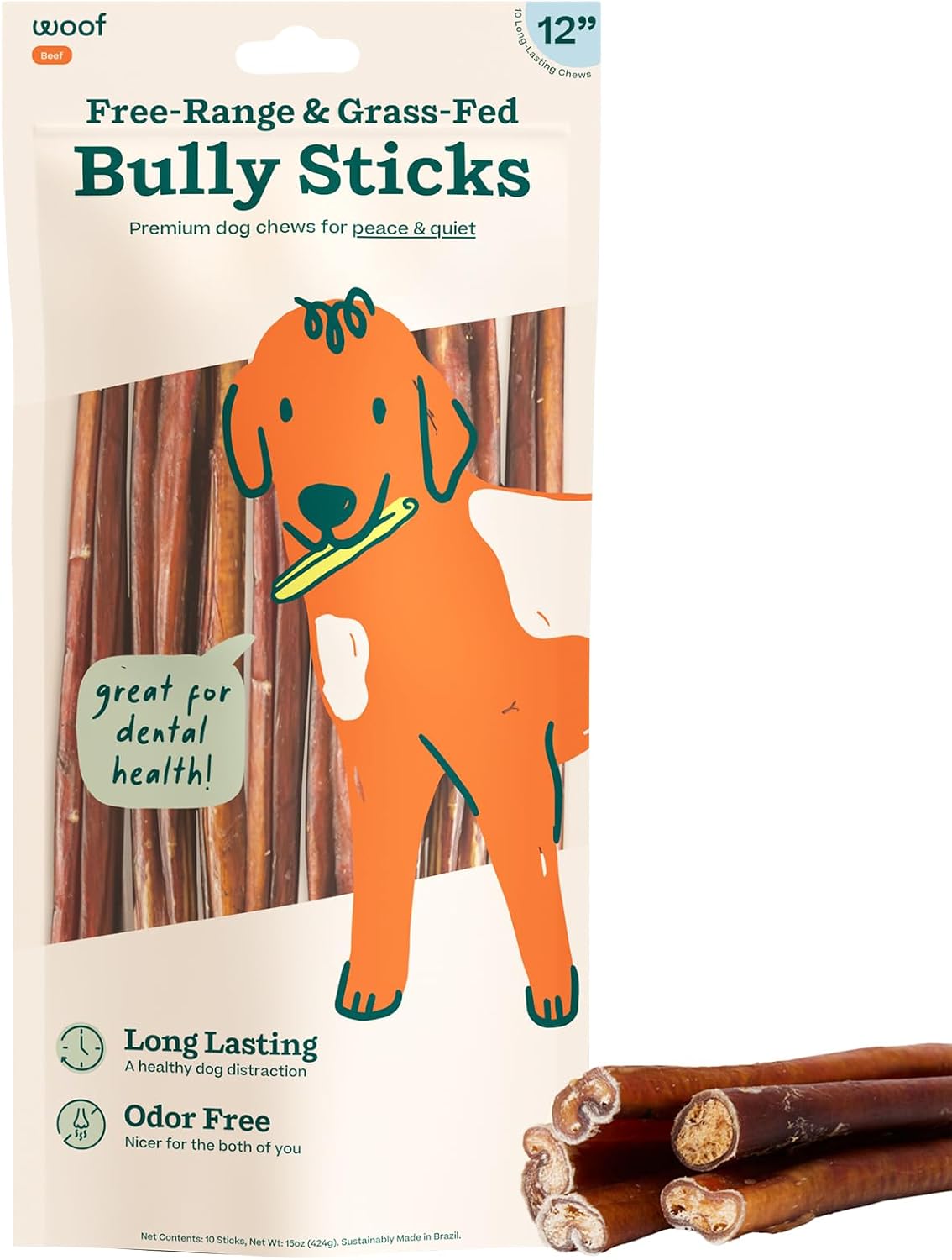 WOOF Bully Sticks Dog Treats - Chew Sticks for Dogs - Long-Lasting Dog Chew Treats - Made with Free-Range, Grass-Fed Beef - 6" Sticks - 10pk - Image 9