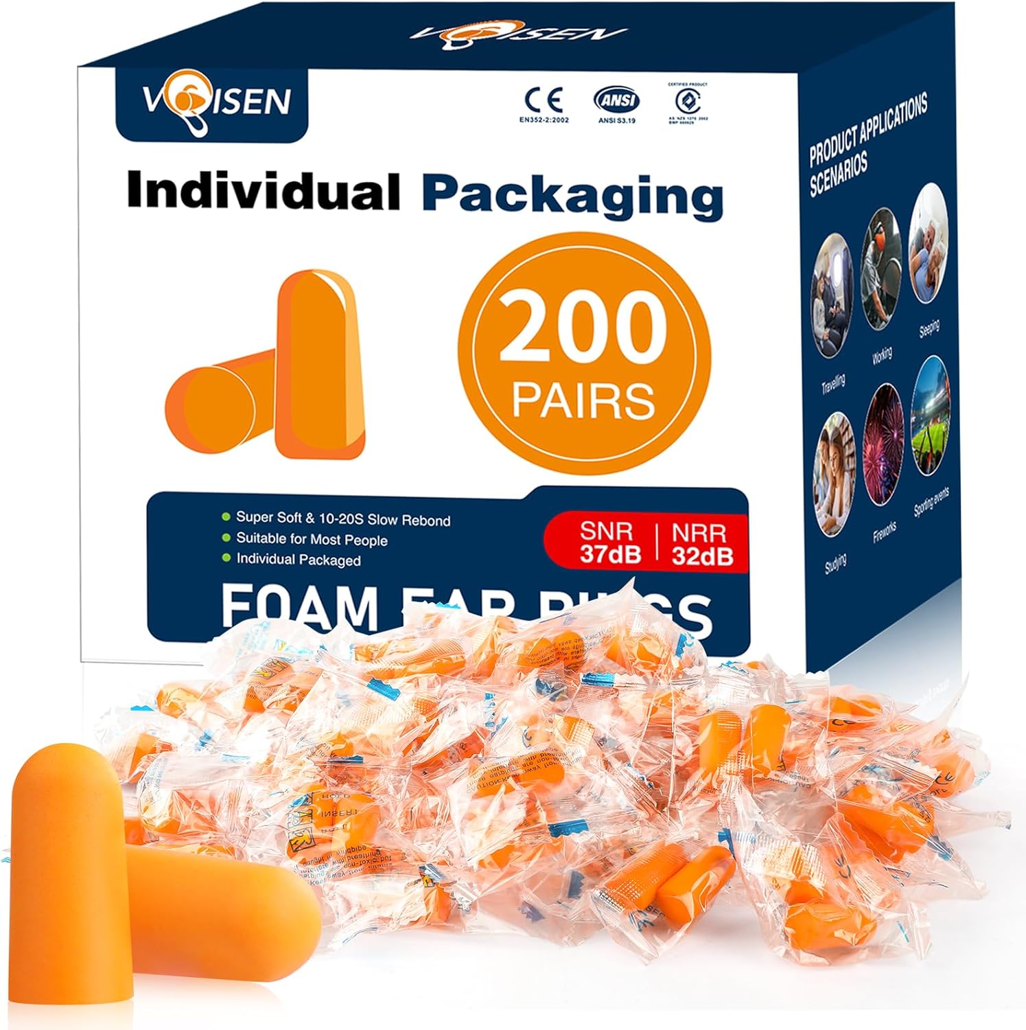 VOISEN Foam Ear Plugs front view of two hundred pairs packaging box with orange earplugs