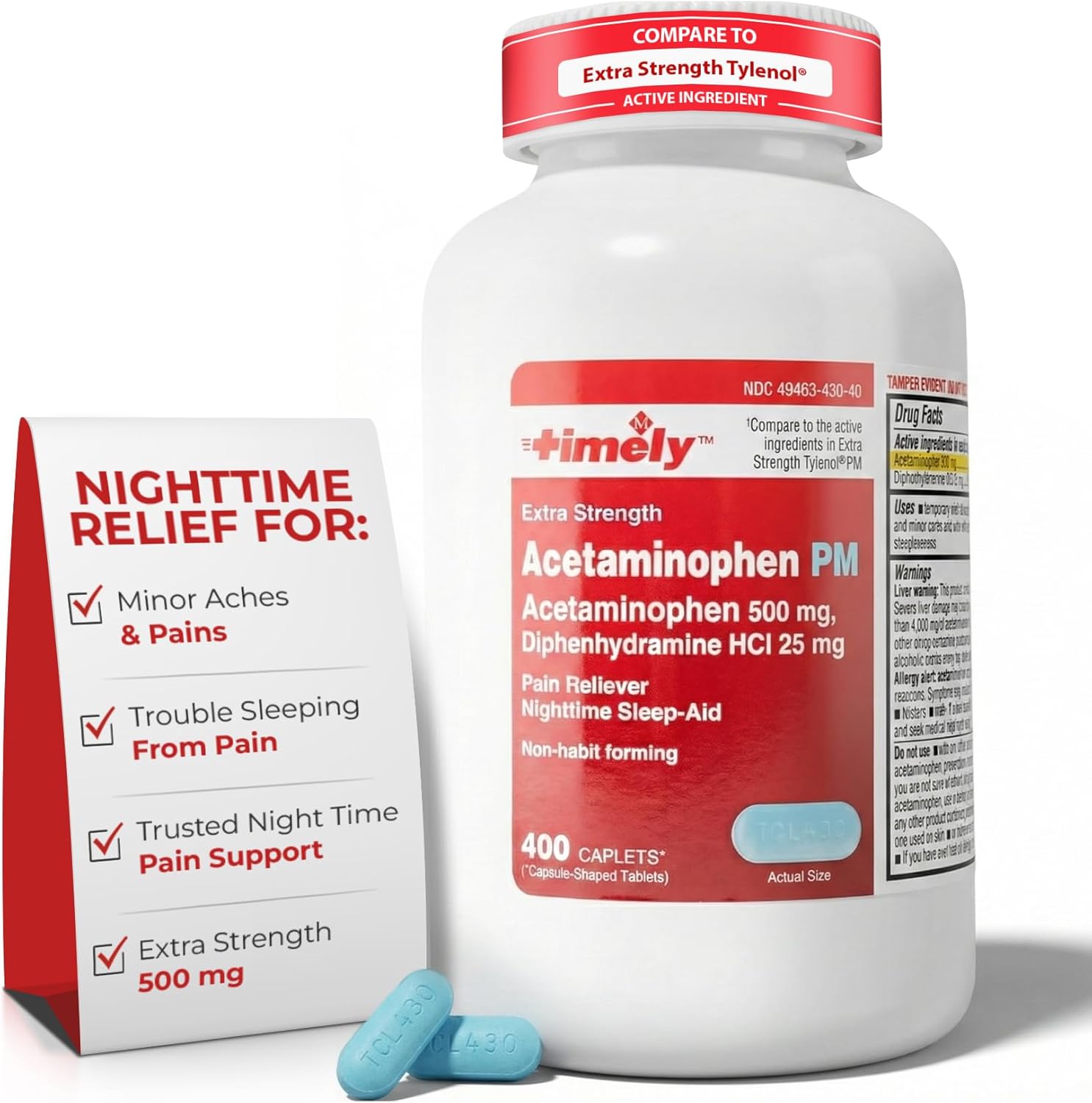 TIME-Cap Labs 400 Caplets Extra Strength Acetaminophen 500mg PM & Diphenhydramine HCl 25mg - PM Pain Reliever & Sleep Aid, Helps with Occasional Headaches & Minor Aches & Pains - Image 1