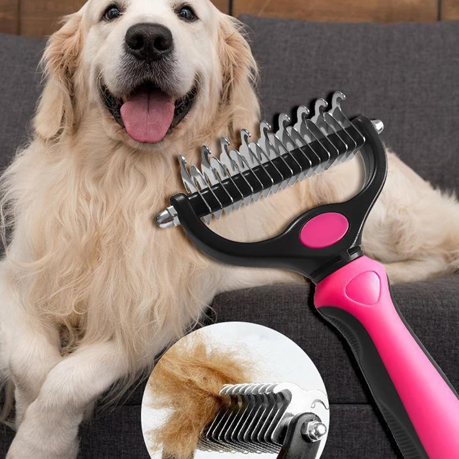 Close up of 9-teeth dematting side for thick dog and cat fur