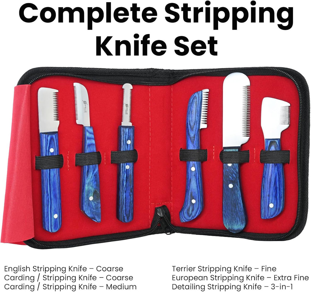 Stainless steel pet hand stripping tools with blue wooden handles