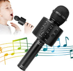 KIDWILL wireless bluetooth karaoke microphone front view in metallic blue showing control panel sliders.