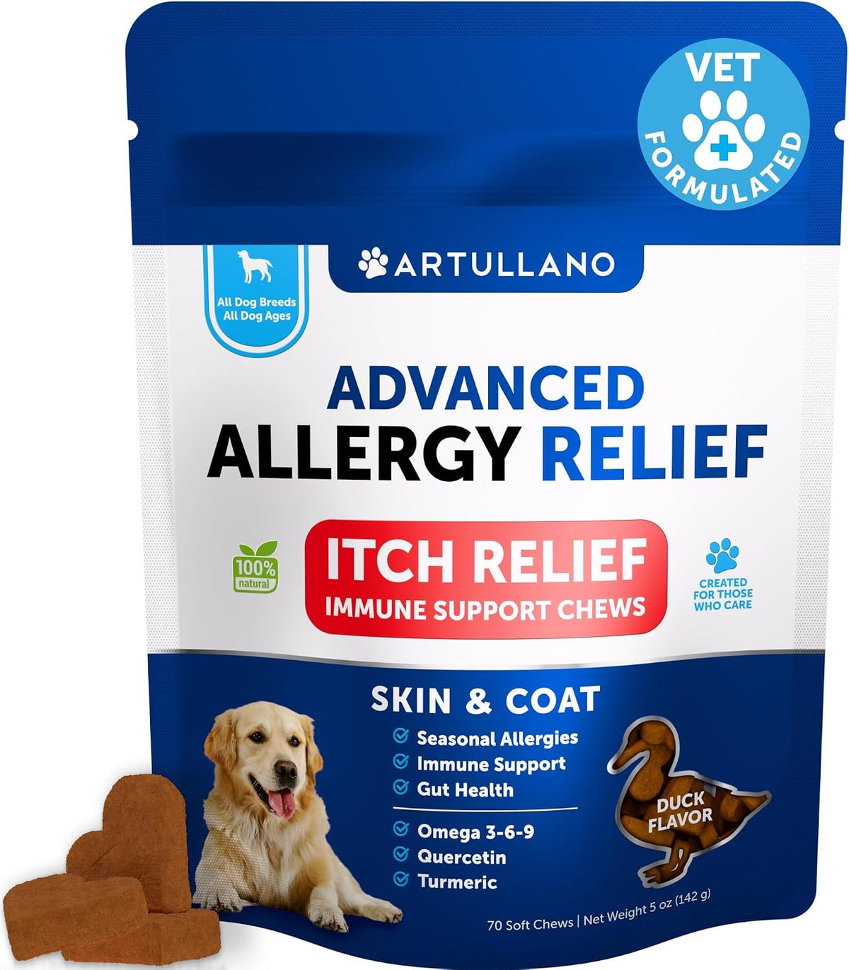 Premium imported dog scratching and hot spots relief soft treats packaging.