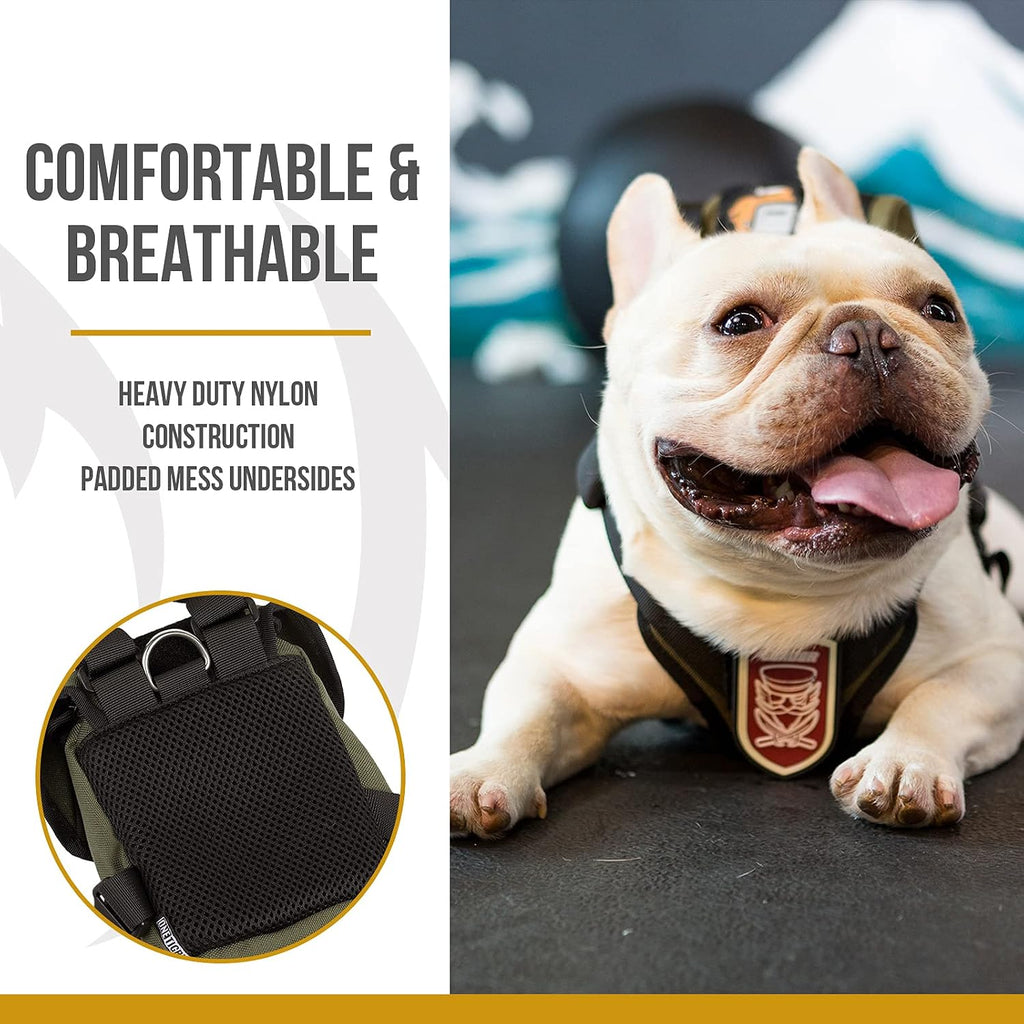 OneTigris tactical puppy rucksack side view highlighting the 1.6 Liter storage compartment zipper closure