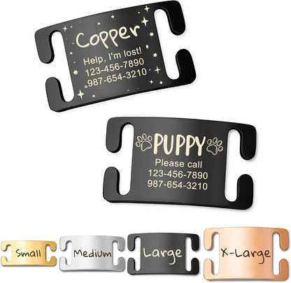 Anavia Slide On Silent Pet ID Tag front view showing engraved wildflower frame design on black stainless steel.