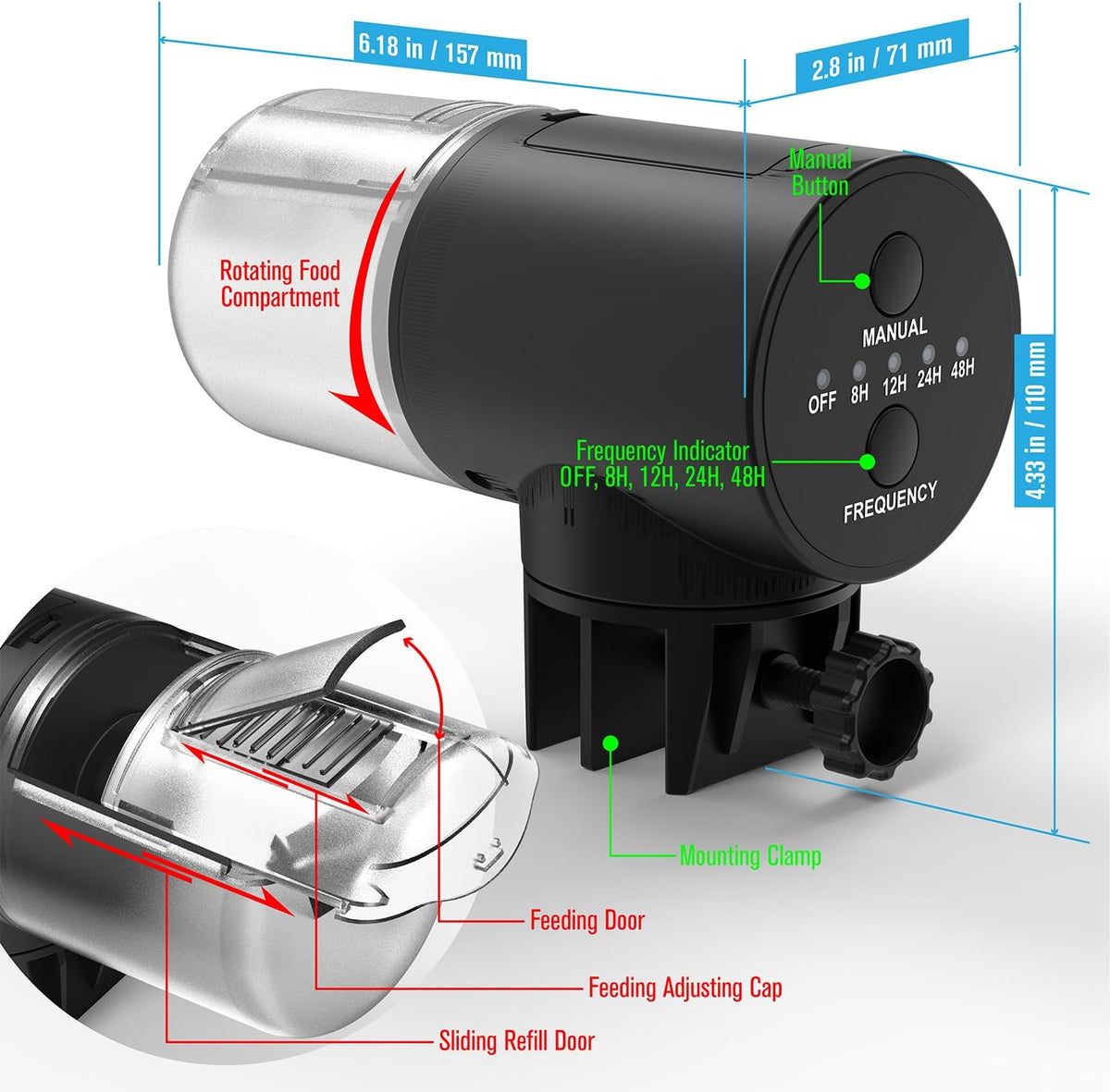 JuzPetz aquarium food dispenser showcasing the adjustable portion control slider