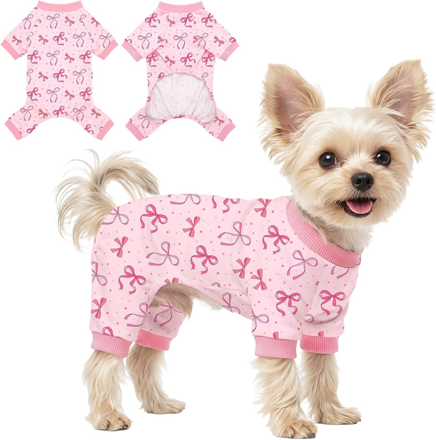 Ruirichfun small dog pajamas front view showing pink bow design