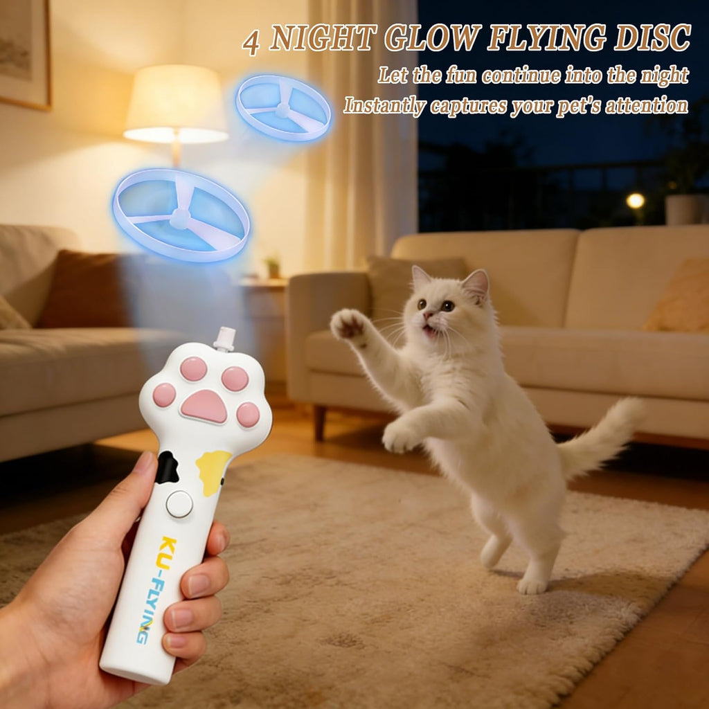 White cat fetch toy launcher package with charging cable