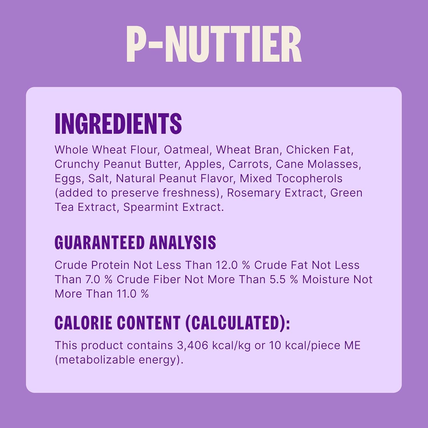 Old Mother Hubbard natural pet snacks packaging detail showing the comprehensive list of wholesome ingredients.