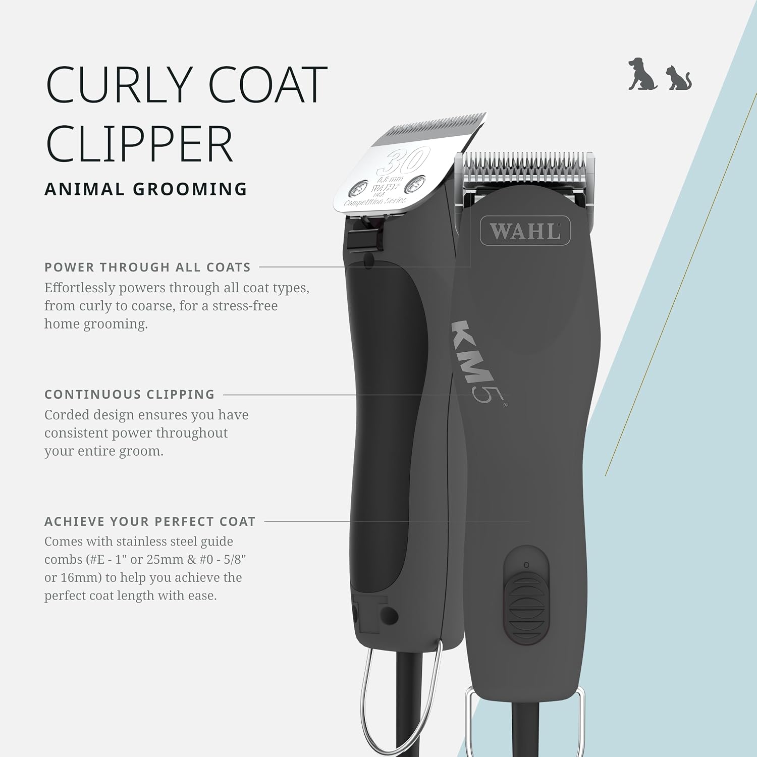 Wahl professional corded grooming clipper with two stainless steel guide combs.
