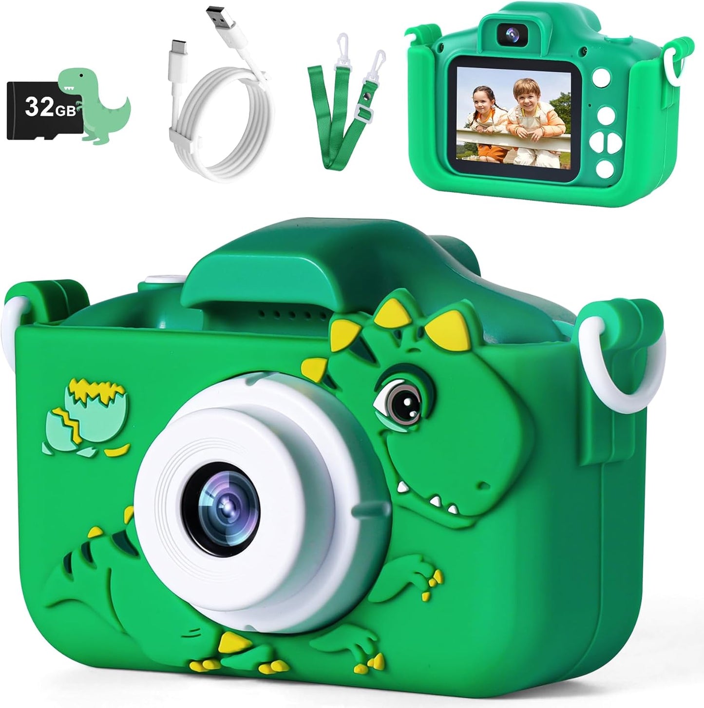 Kidz Kamz dinosaur kids digital camera front view displaying the green protective silicone casing.