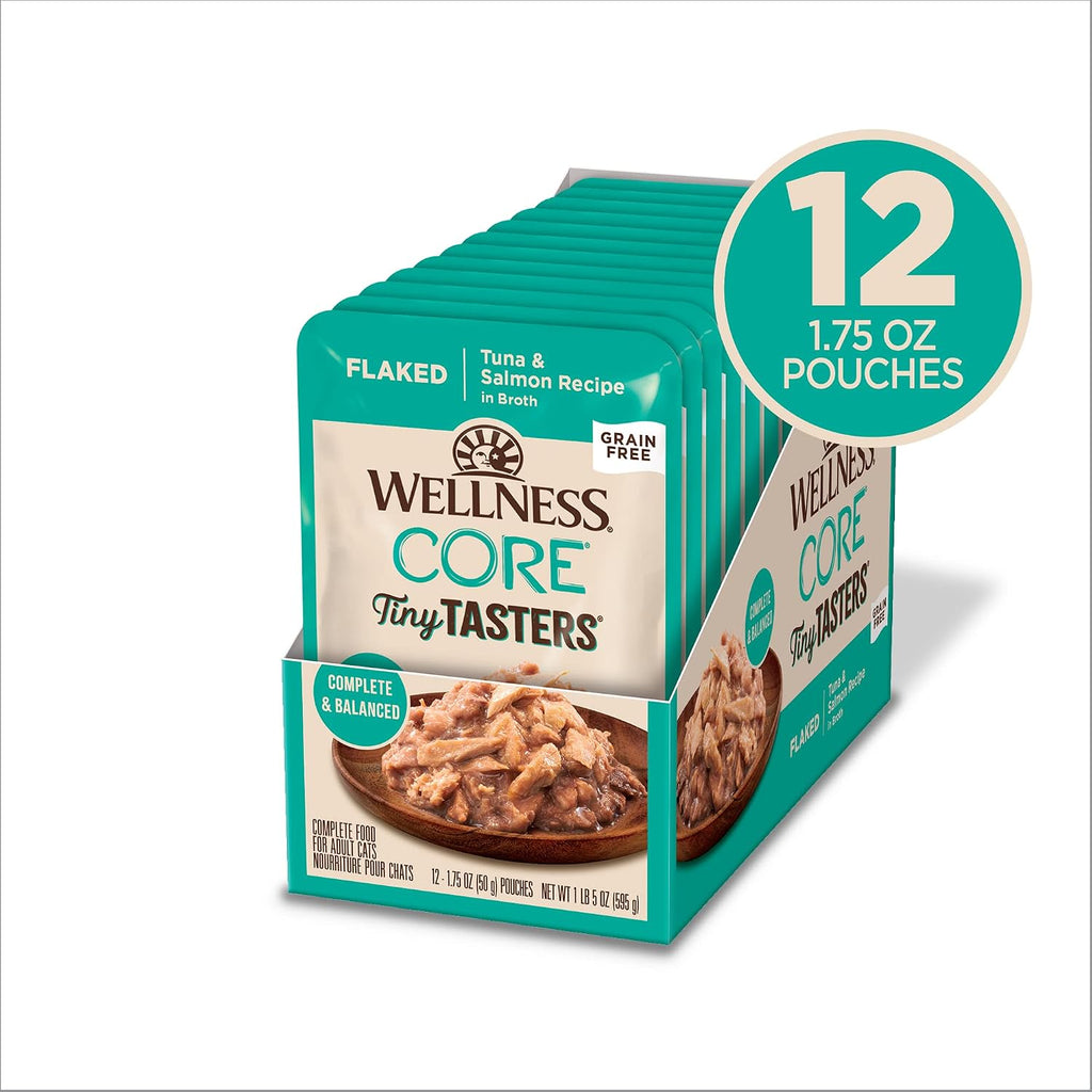 Wellness CORE Tiny Tasters Tuna and Salmon recipe back packaging showcasing nutritional facts