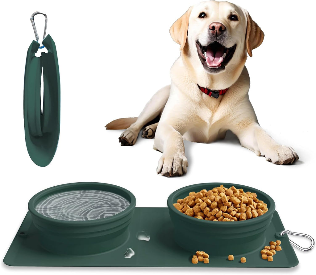 LPFLASAT double compartment portable pet dish folded flat next to its travel carabiner showing its portable outdoor utility