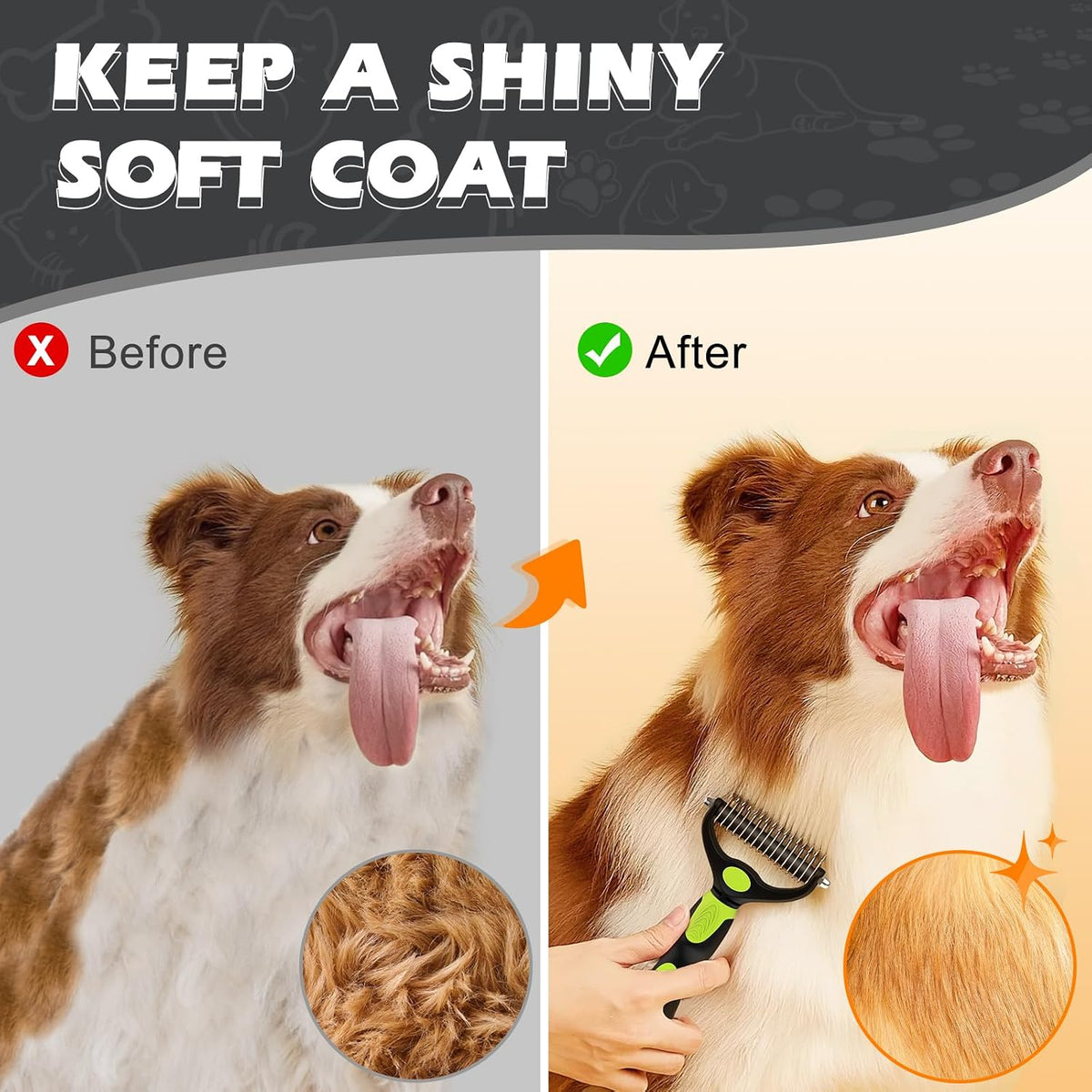 Ergonomic non-slip handles of the three-piece professional pet grooming kit.