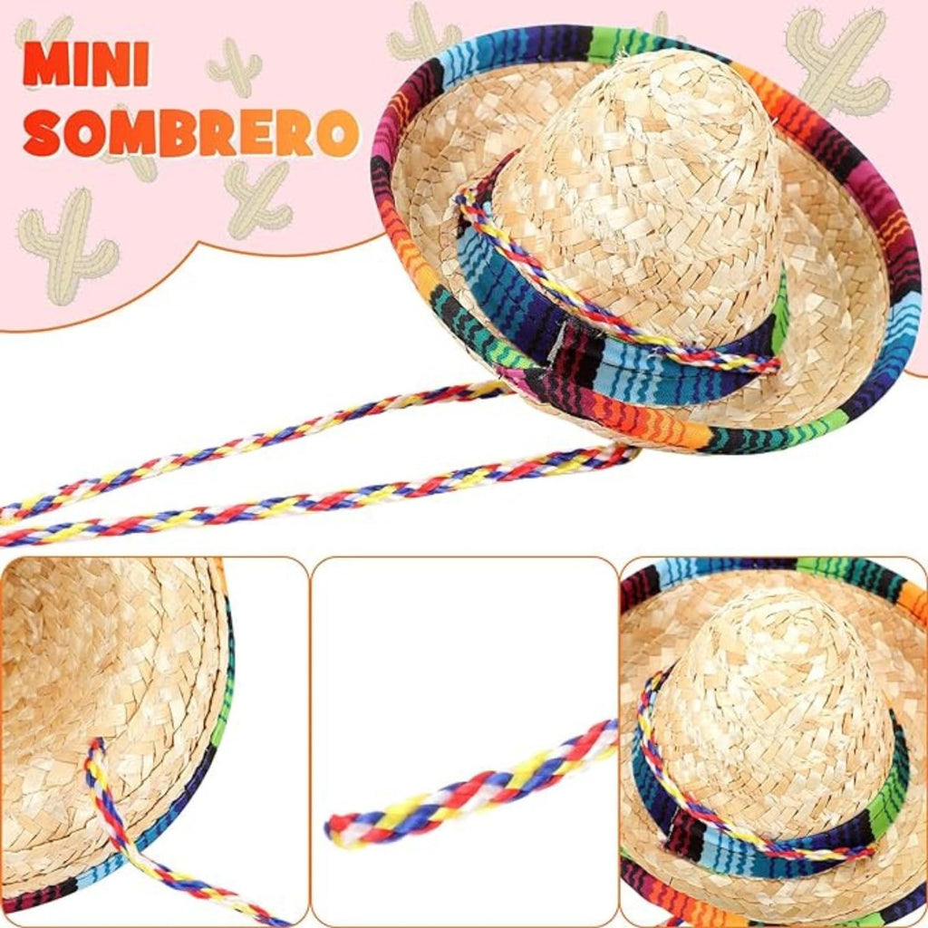 Two miniature Mexican pet hats showing colorful rainbow serape brims