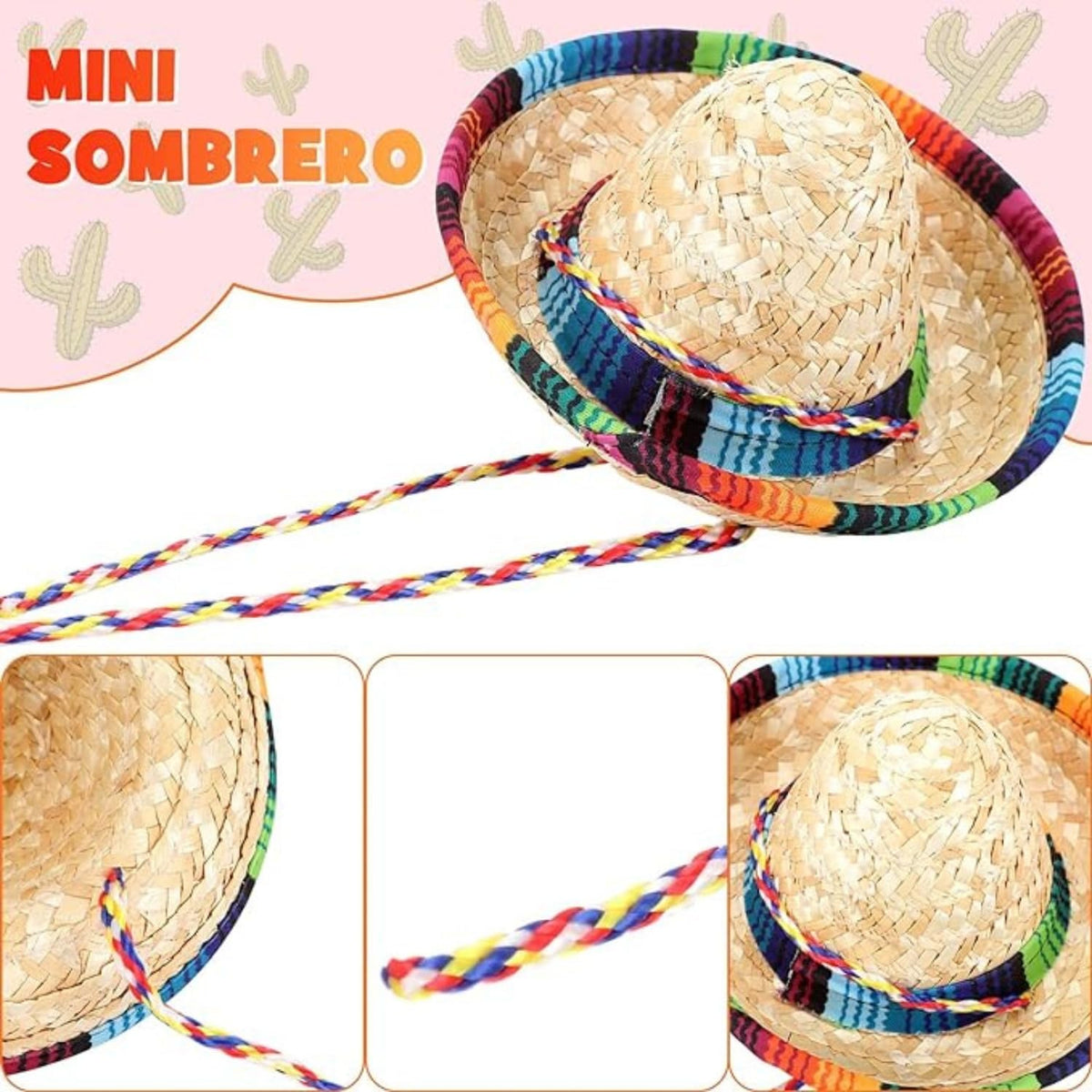 Two miniature Mexican pet hats showing colorful rainbow serape brims