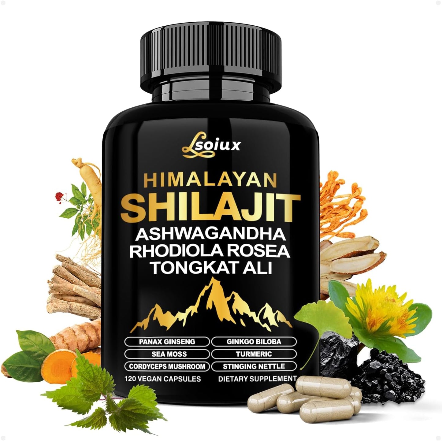 LSOIUX Pure Himalayan Shilajit 10-in-1 capsules front view for premium health supplement storage.