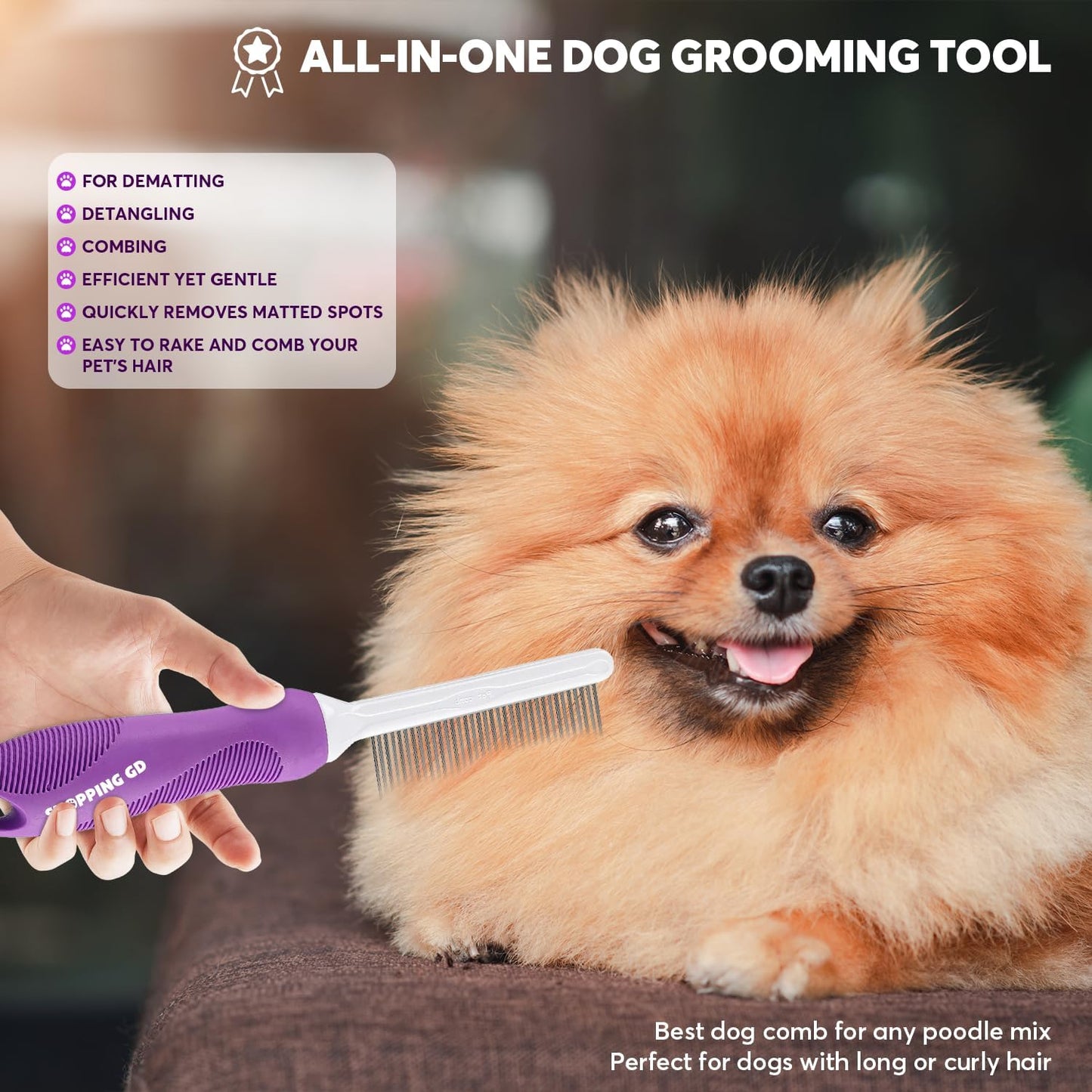 Authentic Shopping GD pet hair detangler tool illustrating undercoat shedding removal.