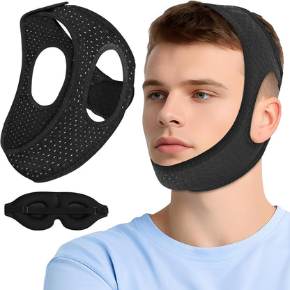 Air Blow anti snoring chin strap front view on person showing jaw support.