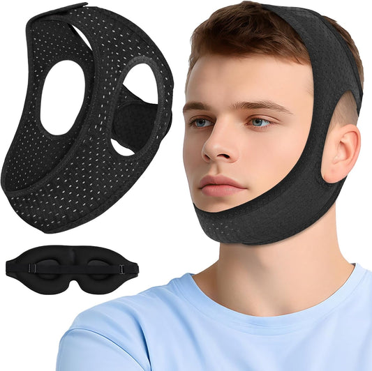 Air Blow anti snoring chin strap front view on person showing jaw support.