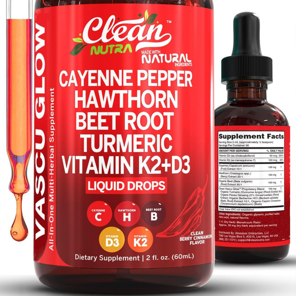 Clean Nutraceuticals Vascu Glow front view bottle of cayenne pepper liquid supplement