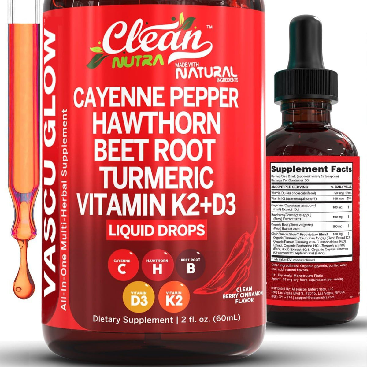 Clean Nutraceuticals Vascu Glow front view bottle of cayenne pepper liquid supplement