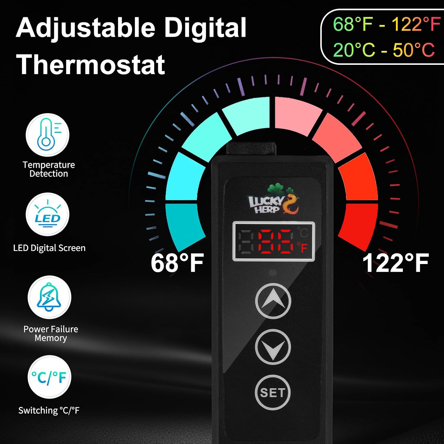 Close up of the digital PID thermostat control button interface on the LUCKY HERP warmer