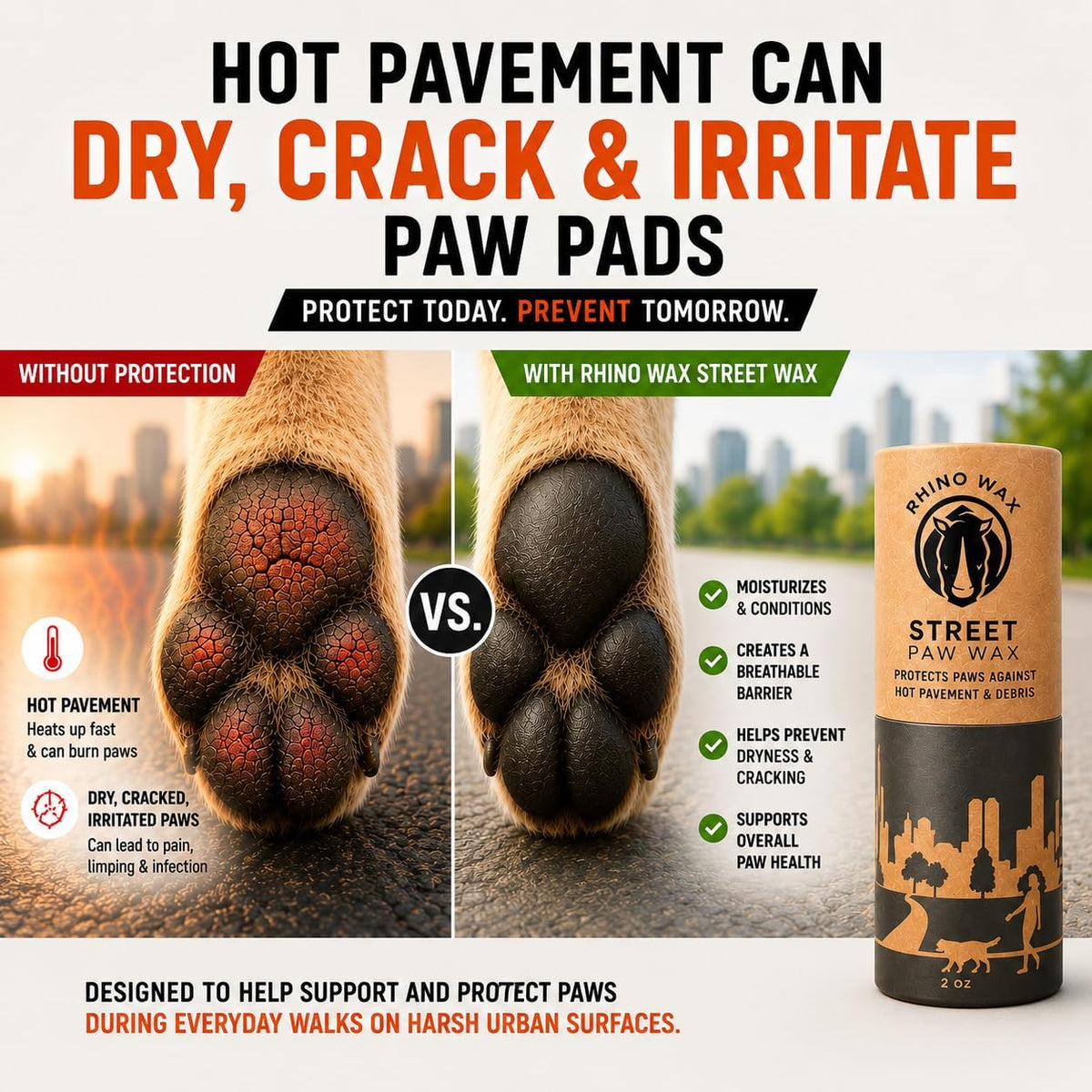 Rhino Wax paw balm applicator tube for hot pavement protection