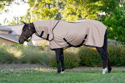 TuffRider Miller Combo Neck Fly Sheet front view on a horse in rose beige color.