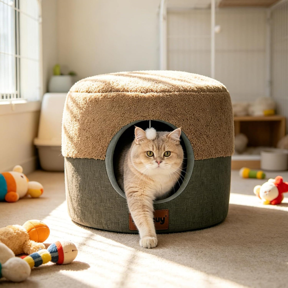 2-in-1 Foldable Cat Bed for Indoor Cats, Cat Cave & Sofa Bed | 15.7"D x 13"H, Reversible Plush & Linen Cushion,Enclosed Cat Bed, Hanging Cat Toys, Non-Slip, Small Cat House, Grey - Image 13